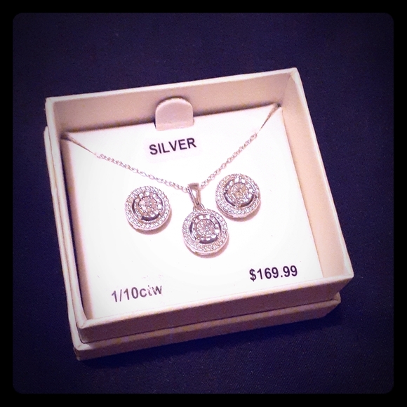 Sterling Silver 1/10 ctw Diamond Studs & Necklace - Picture 1 of 2